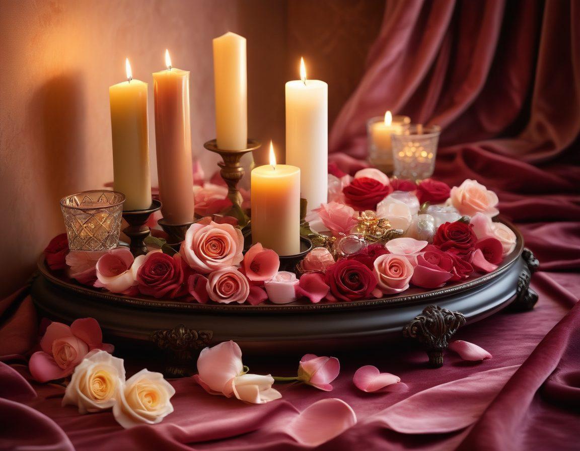 A beautifully arranged display of various adult toys on a plush velvet background, incorporating elements of romance such as rose petals and candles. Soft lighting casts a warm glow, creating an inviting atmosphere that evokes intimacy. Include a diverse set of hands gently reaching for the toys, symbolizing exploration and connection. The overall aesthetic should be tasteful and elegant. super-realistic. warm colors. soft focus.