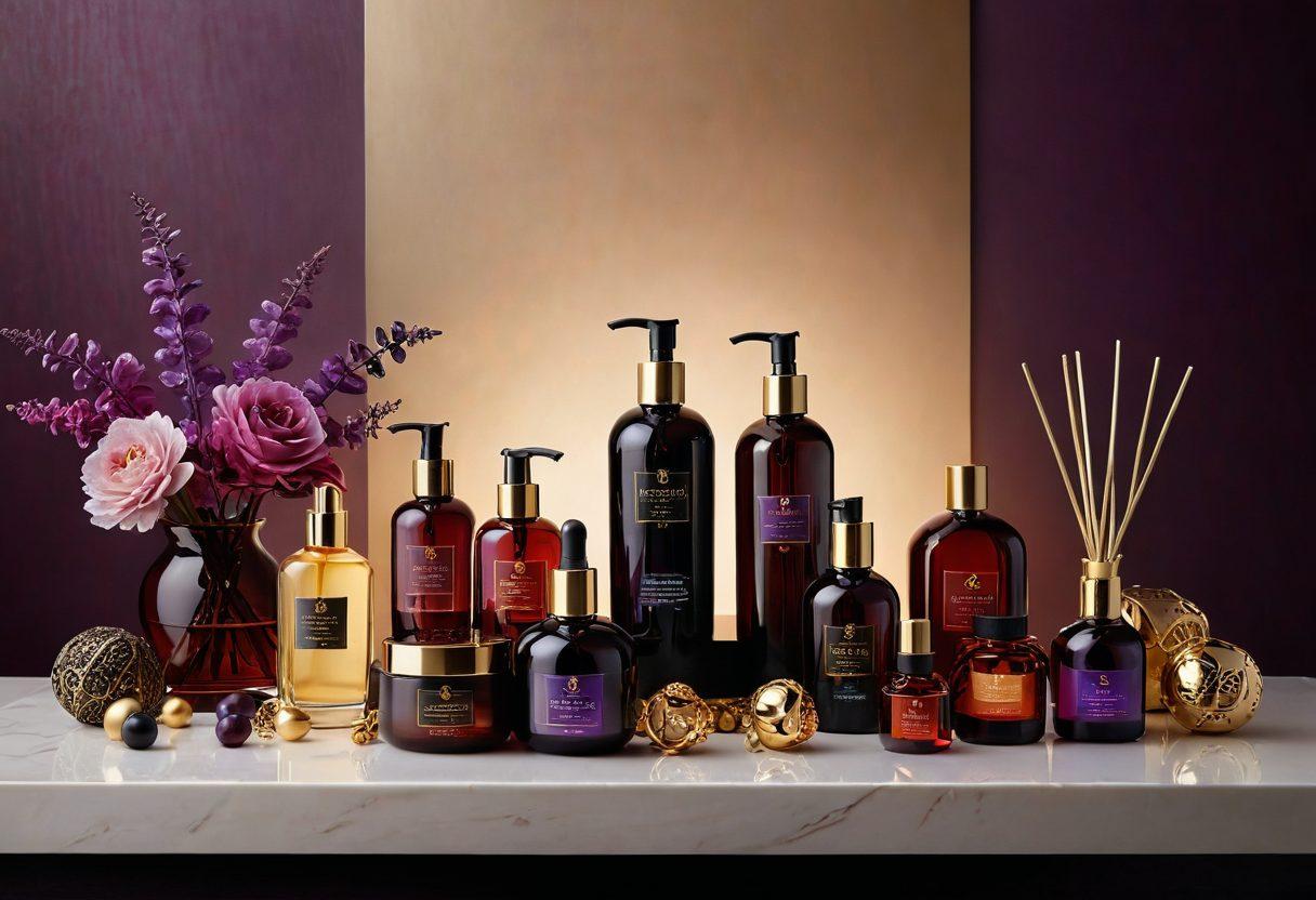 A beautifully arranged display of various erotic products, including elegant toys and luxurious massage oils, set against a soft, romantic backdrop. Incorporate sensual colors like deep reds, purples, and gold accents to evoke a feeling of intimacy and adventure. Add subtle floral elements and soft lighting to create a warm, inviting atmosphere. The overall composition should feel modern yet timeless, encouraging exploration and well-being. vibrant colors. soft focus. elegant style.
