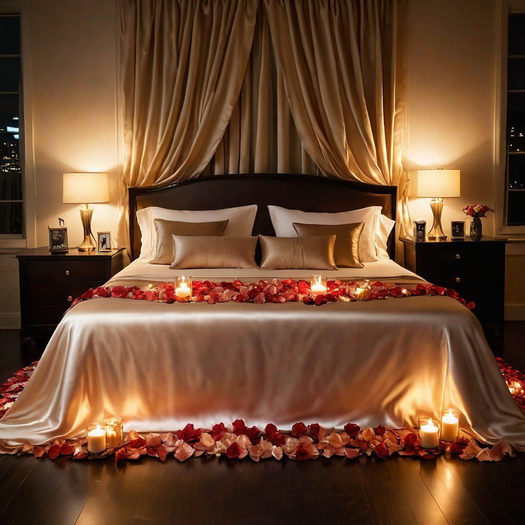 A cozy, elegantly arranged romantic setting featuring plush pillows and soft candlelight. In the foreground, a selection of beautifully designed adult toys displayed tastefully, with petals scattered around them to evoke passion. Subtle hints of luxury, like silk and satin fabrics, create an atmosphere of seduction. Warm, inviting colors dominate the scene, suggesting intimacy and allure. super-realistic. warm tones. soft focus.
